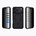 Black iPhone 18 Pro Max in Techterio 3-in-1 Privacy Case with rear and privacy-screen views