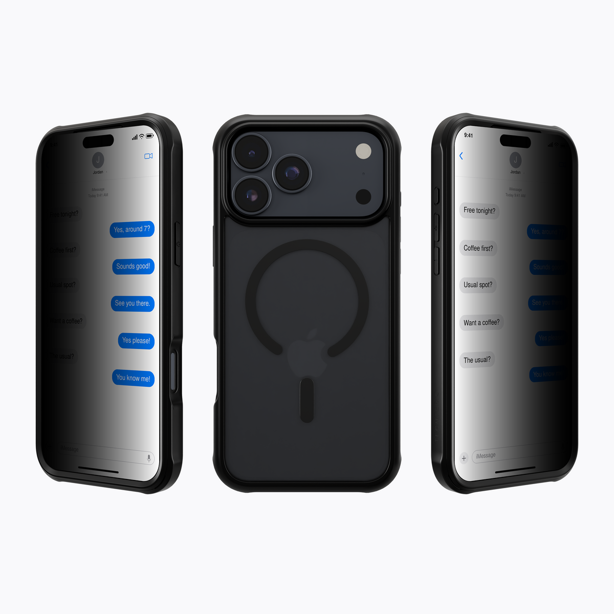 Black iPhone 18 Pro Max in Techterio 3-in-1 Privacy Case with rear and privacy-screen views