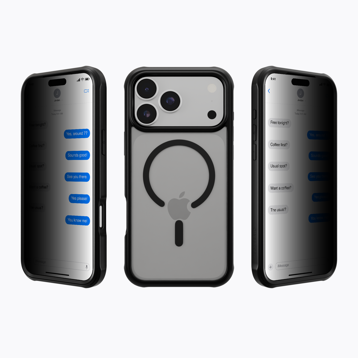 Silver iPhone 18 Pro Max in Techterio 3-in-1 Privacy Case with rear and privacy-screen views