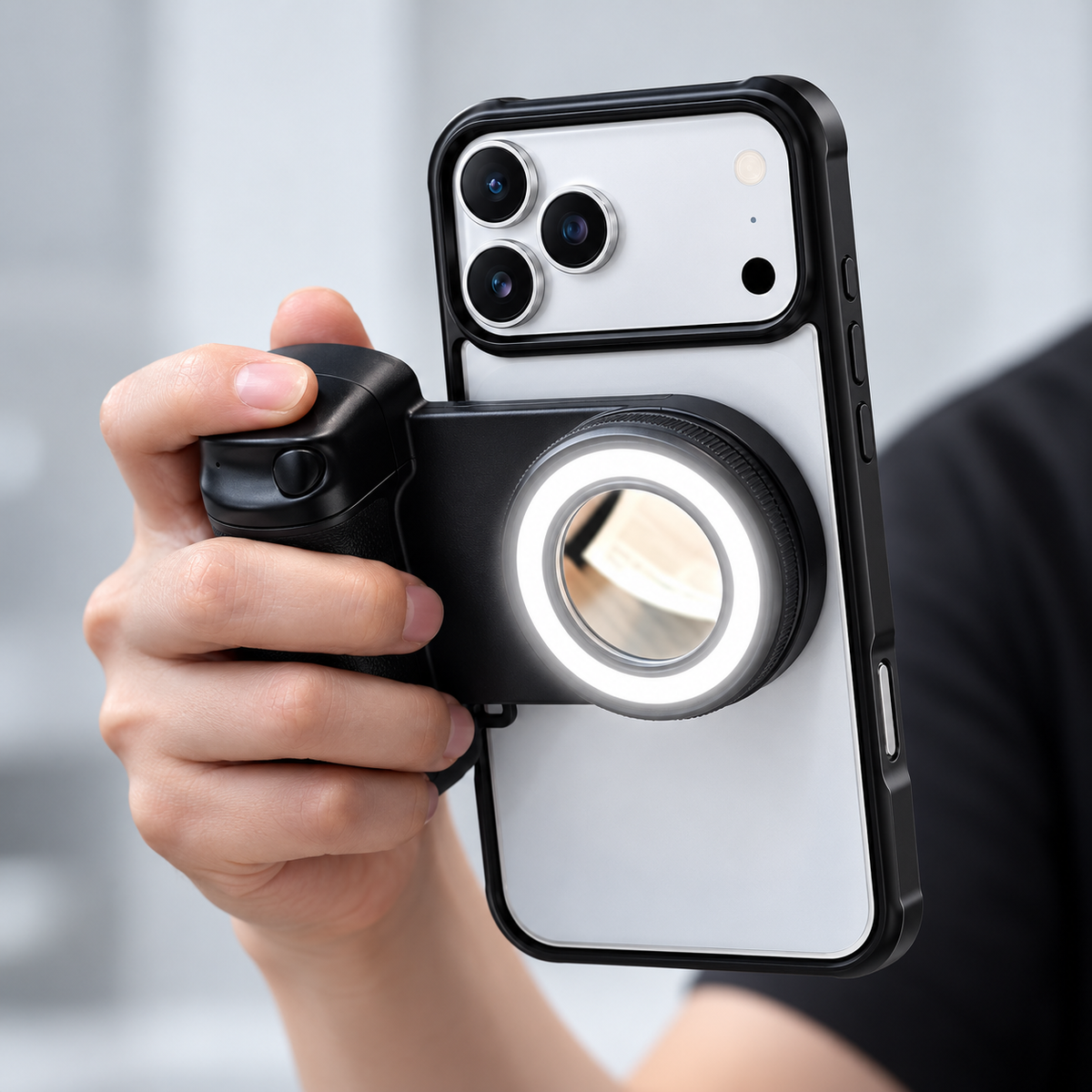 Magnetic Camera Grip & Built-In Light — hand