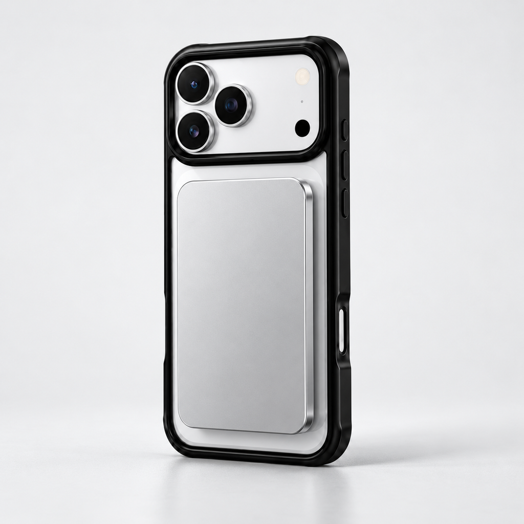 Silver Magnetic Power Bank attached to a white iPhone in Techterio Privacy Case