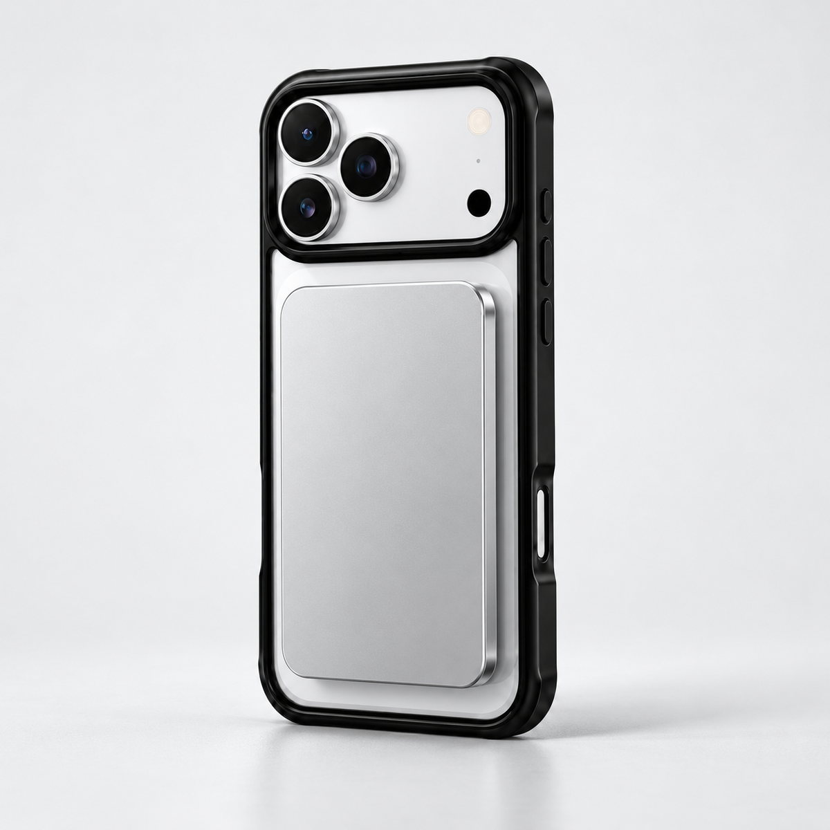 Silver Magnetic Power Bank attached to a white iPhone in Techterio Privacy Case