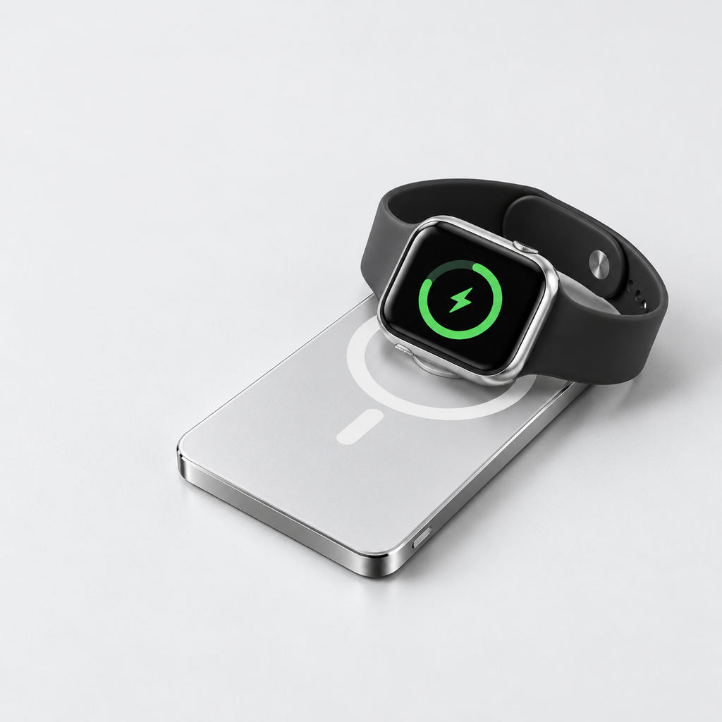 Silver Magnetic Power Bank charging an Apple Watch
