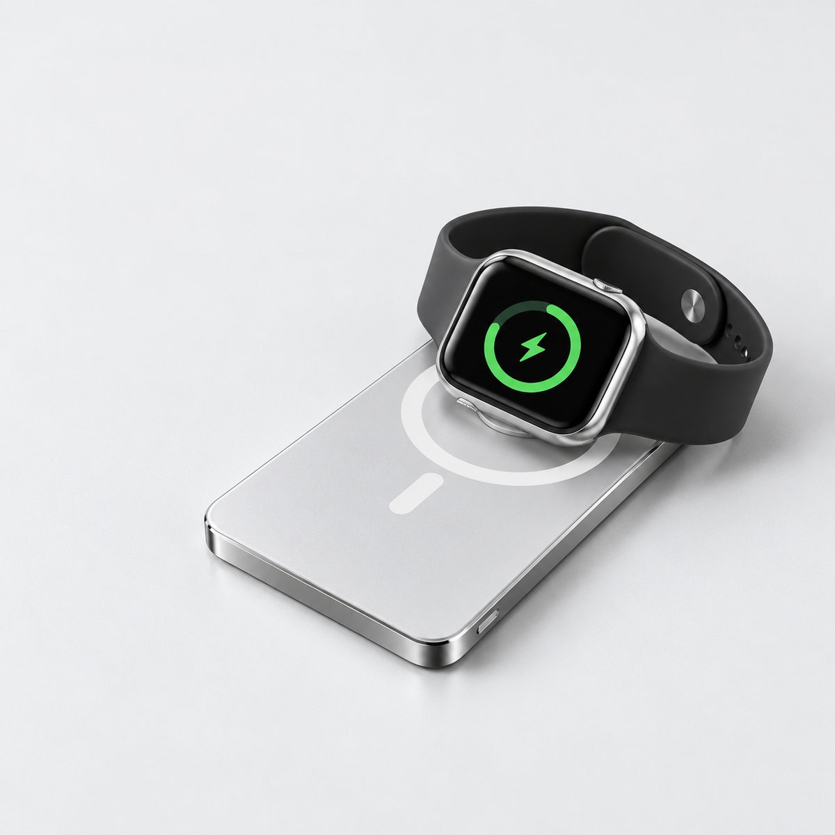 Silver Magnetic Power Bank charging an Apple Watch