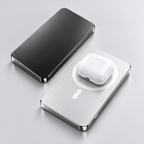 Silver magnetic power bank charging AirPods with polished silver and black finishes
