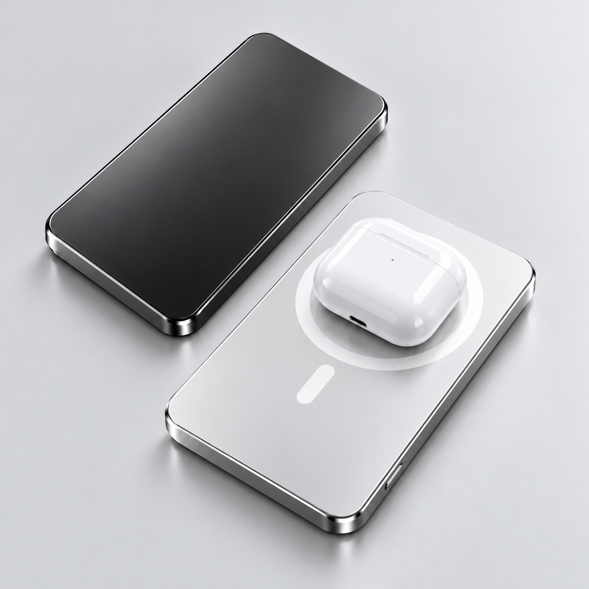 Silver magnetic power bank charging AirPods with polished silver and black finishes