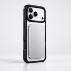 Silver magnetic power bank attached to white iPhone in Techterio Privacy Case, alternate rear angle